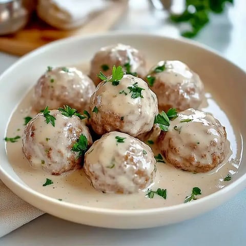 Sechs Fleischbällchen in einer cremigen Sauce, garniert mit frischer Petersilie, in einer weißen Schüssel.