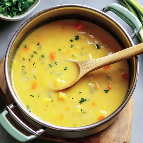 Ein Topf mit cremiger Suppe, die mit Gemüsestücken und frischen Kräutern garniert ist, steht auf einem Holzbrett.