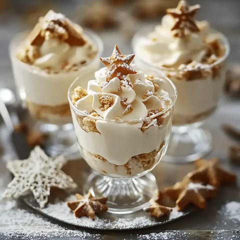 Drei Gläser mit einem Schichtdessert aus Sahne und Keksbröseln, dekoriert mit einem Zuckerstern und Puderzucker.