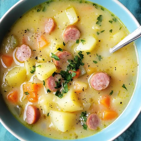 Eine Schüssel Suppe mit Stückchen von Kartoffeln, Karotten und Wurst, garniert mit frischer Petersilie.