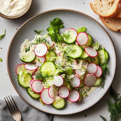 Ein frischer Salat aus Gurken, Radieschen und frischem Dill in einer cremigen Sauce, serviert auf einem grauen Teller.