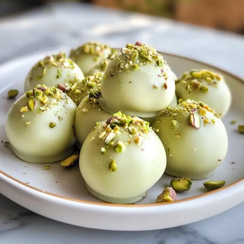 Eine Teller mit runden, grünen Süßigkeiten, die mit gehackten Pistazien bestreut sind.