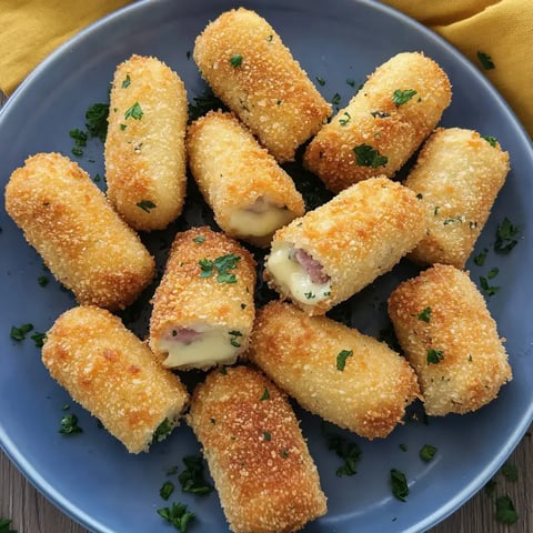 Auf dem Bild sind goldbraun gebratene Kroketten mit einer Füllung aus Käse und Schinken auf einem blauen Teller zu sehen, garniert mit frischer Petersilie.