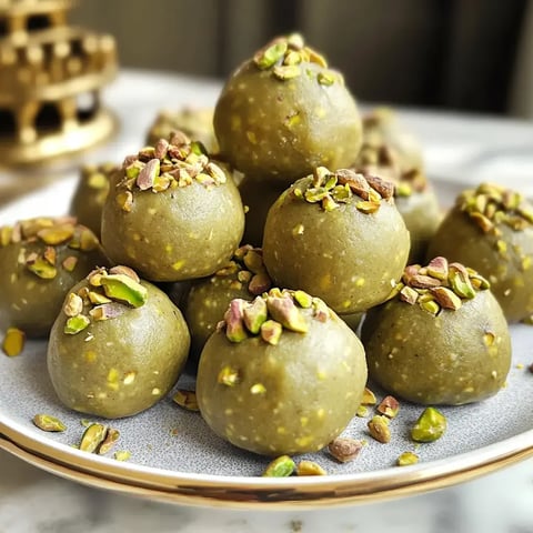 Eine Platte mit grünen, rund geformten Süßigkeiten, die mit gehackten Pistazien bestreut sind.