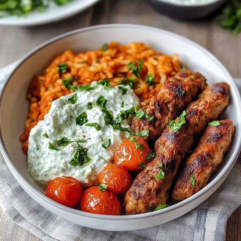 Eine Schüssel mit gegrillten Fleischspießen, sautiertem Tomatenreis, gegrillten Tomaten und einer cremigen Sauce, garniert mit frischem Koriander.