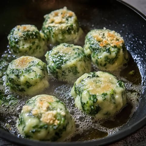 In einer Pfanne braten sich grüne Spinatknödel in einer goldbraunen Flüssigkeit.