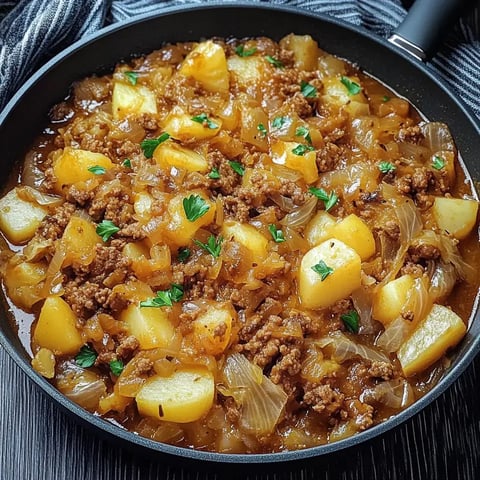 Ein herzhaftes Gericht aus Hackfleisch, Kartoffeln und Zwiebeln in einer Pfanne, garniert mit frischer Petersilie.