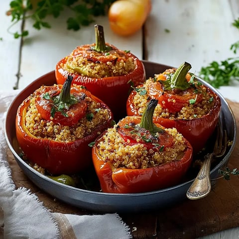 Gefüllte rote Paprikaschoten mit Quinoa und Tomaten, serviert in einer Schüssel.