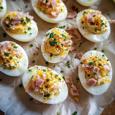 Ein Teller mit gefüllten Eiern, die mit Käse, Schinken und Schnittlauch garniert sind.