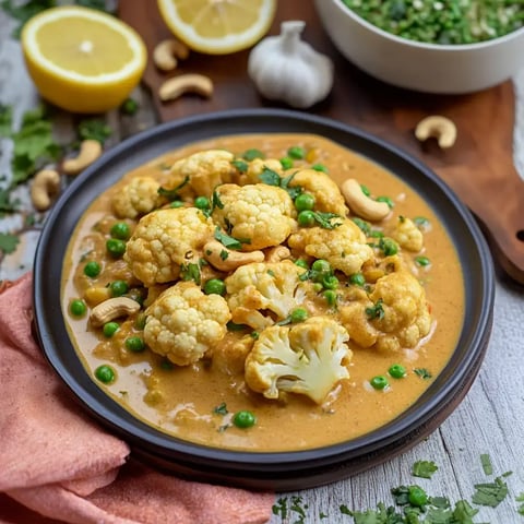 Ein Teller mit Blumenkohl und Erbsen in einer cremigen Sauce, garniert mit Koriander und Cashewkernen, umgeben von Zitrone und Knoblauch.