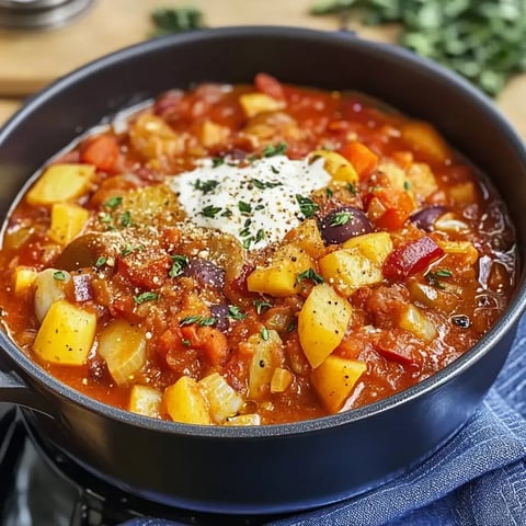 Ein nährstoffreicher Eintopf mit buntem Gemüse, garniert mit saurer Sahne und Kräutern, in einem schwarzen Topf serviert.