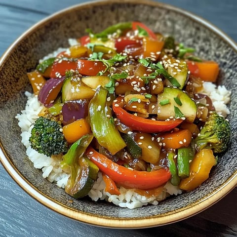 Eine Schüssel mit Reis, garniert mit einer bunten Mischung aus gebratenem Gemüse wie Paprika, Brokkoli und Zucchini, bestreut mit Sesam und Kräutern.