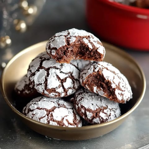 Eine Schüssel mit schokoladenfarbenen Keksen, die mit Puderzucker bestäubt sind, wobei ein Keks einen Biss zeigt.