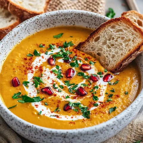 Eine Schüssel mit cremiger Kürbissuppe, garniert mit saurer Sahne, Granatapfelkernen und frischen Kräutern, daneben liegt eine Scheibe Brot.