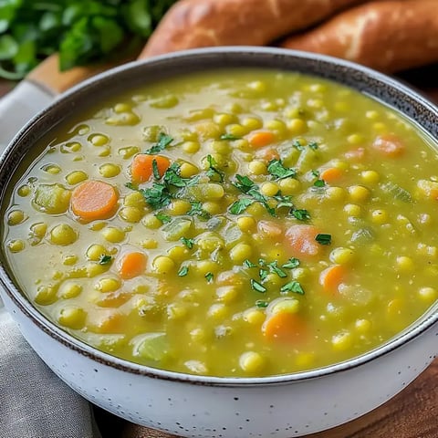 Eine Schüssel mit grünem Erbsensuppe, verziert mit frischen Kräutern und umgeben von Brezeln im Hintergrund.