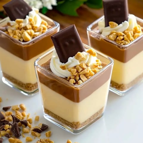 Drei gläserne Desserts mit Schichten aus Pudding, Sahne, Nüssen und Schokolade, garniert mit Schlagsahne und Schokoladentafel.