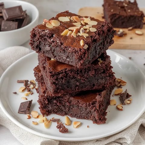 Drei üppige Schokoladenbrownies, garniert mit gehobelten Mandeln, auf einem weißen Teller.