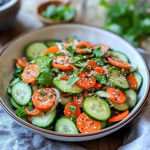 Ein bunter Salat aus Gurken, Karotten und frischem Koriander, garniert mit Sesamsamen in einer Schüssel.