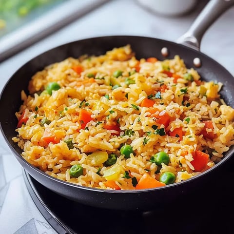 Ein farbenfrohes Pfannengericht mit Reis, Erbsen, Paprika und Kräutern in einer schwarzen Pfanne.