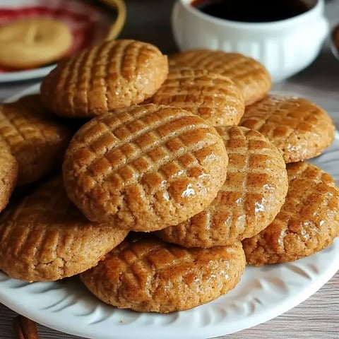 Ein Teller mit glänzenden, neu gebackenen Keksen, die ein Gittermuster auf der Oberfläche aufweisen.