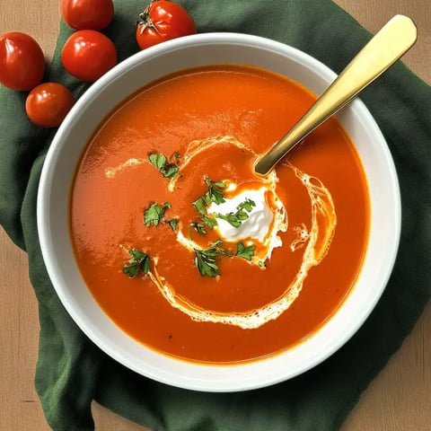 Eine Schüssel Tomatensuppe mit einem Klecks Sauerrahm und frischen Kräutern, umgeben von einigen Kirschtomaten.