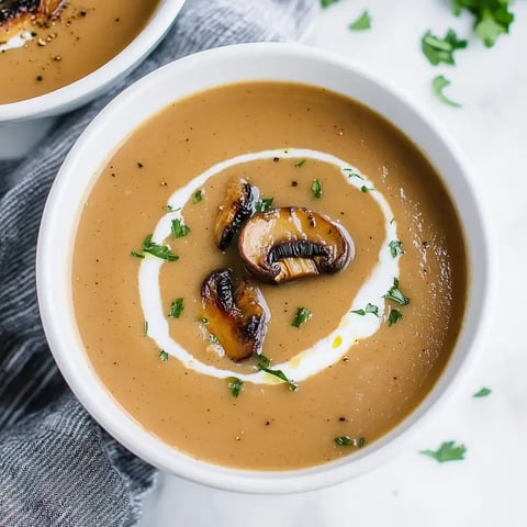 Eine cremige Pilzsuppe mit einem Swirl aus Sahne und angebratenen Champignons, garniert mit frischen Kräutern.