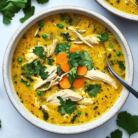 Eine Schüssel Hühnersuppe mit Karotten, Erbsen und frischem Koriander.