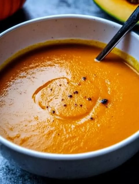 Eine Schüssel mit cremiger, orangefarbener Kürbissuppe, die mit ein paar schwarzen Pfefferkörnern garniert ist.