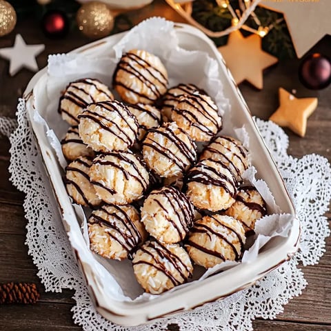 Eine Schüssel mit kokosnussüberzogenen Keksen, die mit Schokolade drapiert sind, steht auf einem rustikalen Tisch, umgeben von weihnachtlicher Dekoration.