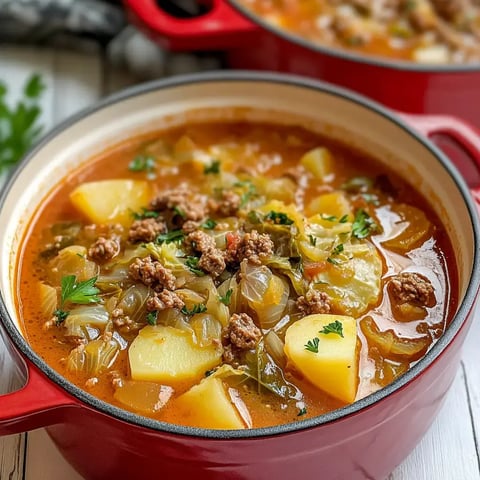 Ein roter Topf enthält eine würzige Suppe mit Kohl, Kartoffeln und Hackfleisch, garniert mit frischer Petersilie.