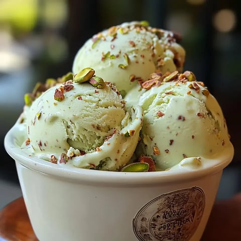 Eine Schüssel mit drei Kugeln Pistazien-Eis, garniert mit gehackten Pistazienstücken.