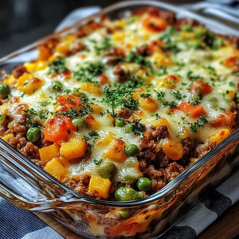 Ein bunter Auflauf mit Hackfleisch, Gemüse und geschmolzenem Käse, garniert mit frischer Petersilie.