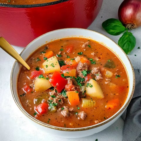 Eine Schüssel mit herzhaftem Eintopf, gefüllt mit Gemüse, Fleisch und frischen Kräutern, steht neben einem großen Topf und einer Zwiebel.