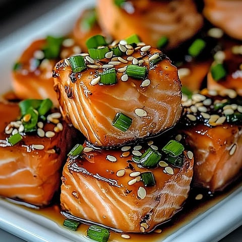 Ein Teller mit mariniertem Lachs in Würfeln, garniert mit Frühlingszwiebeln und Sesam.