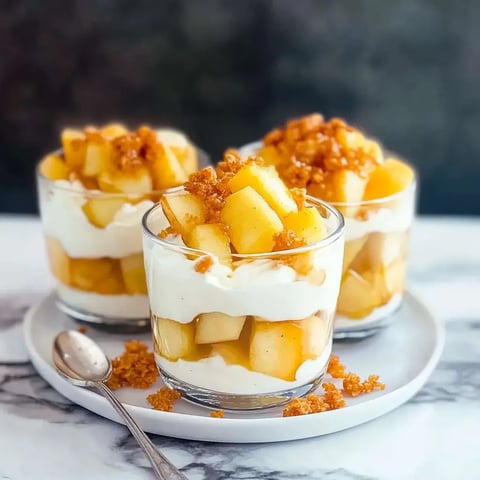 Drei Gläser mit geschichteten Äpfeln, Sahne und karamellisiertem Zucker auf einem Teller.