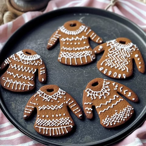 Auf einem schwarzen Blech liegen fünf verzierte Lebkuchen in Form von Pullovern.