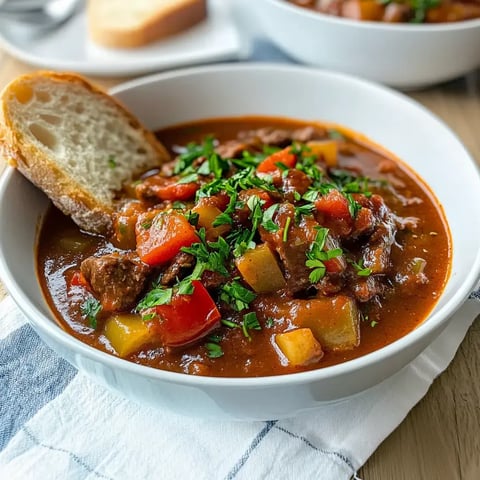 Eine Schüssel mit herzhaftem Eintopf, garniert mit frischen Kräutern und serviert mit einer Scheibe Brot.
