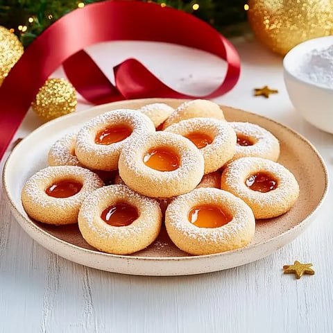 Auf einem Teller liegen runde Plätzchen mit einer Marmeladenfüllung in der Mitte und sind mit Puderzucker bestreut, umgeben von festlicher Dekoration.