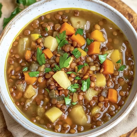 Eine Schüssel mit Linsensuppe, gefüllt mit orangefarbenen Karotten, grünen Blättern, gelben Kartoffeln und braunen Linsen.