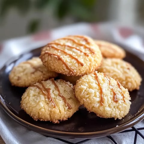 Ein Teller mit frisch gebackenen Keksen, die mit Karamellsauce dekoriert sind.