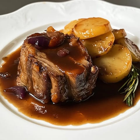 Ein zartes Stück Fleisch in brauner Sauce, serviert mit gebratenen Kartoffelscheiben und einer Rosmarinnadel.