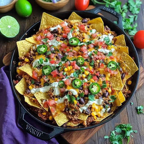 Ein herzhaftes Nudelgericht mit Tortilla-Chips, belegt mit Hackfleisch, Bohnen, Mais, Jalapeños, Tomaten, Käse und Sahne, serviert in einer gusseisernen Pfanne.
