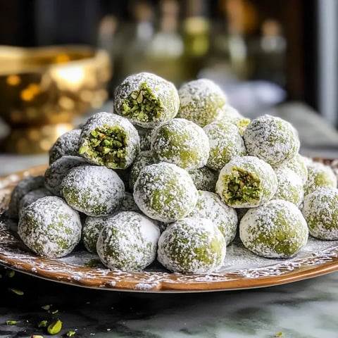 Eine große Portion grün gefärbter Süßigkeiten, bestäubt mit Puderzucker, liegt auf einem Teller, einige davon sind halb geöffnet und zeigen eine Füllung aus Pistazien.