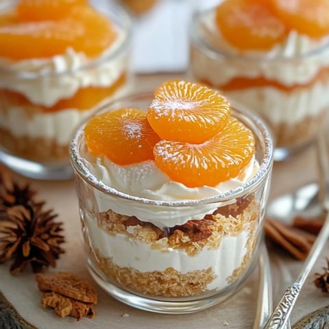 Ein Schichtdessert in einem Glas mit einer Schicht aus Kekskrümeln, Sahne und Mandarinenstückchen.