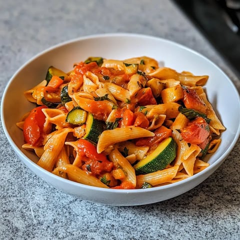 Ein Teller Pasta mit Tomatensauce, Zucchini und Karotten.