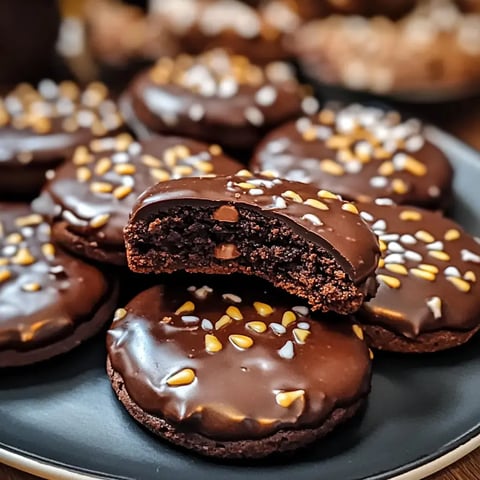 Ein Teller mit schokoladenüberzogenen Keksen, von denen einer aufgebissen und die Füllung sichtbar ist.