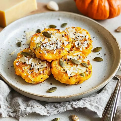 Ein Teller mit vier knusprigen Kürbis-Patties, garniert mit Käse, Kürbiskernen und schwarzen Samen, umgeben von einem gestrickten Tuch und einem Kürbis im Hintergrund.