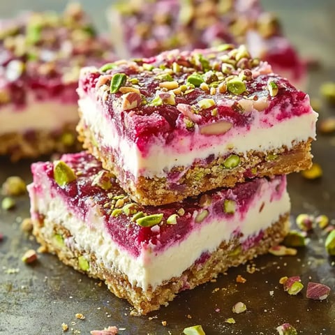 Eine Nahaufnahme von zwei Schichten eines Desserts mit einer Keksbodenbasis, einer cremigen Füllung und einer fruchtigen oberen Schicht, garniert mit gehackten Pistazien.