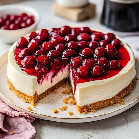 Ein Käsekuchen mit Kirschen und einer Keksboden, von dem ein Stück entnommen wurde.