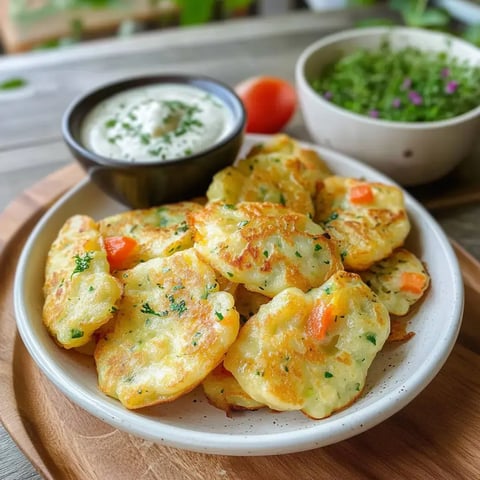 Ein Teller mit knusprigen Kartoffelpuffern, serviert mit einem Becher Kräuterquark und einem kleinen Schälchen frischem Grün.